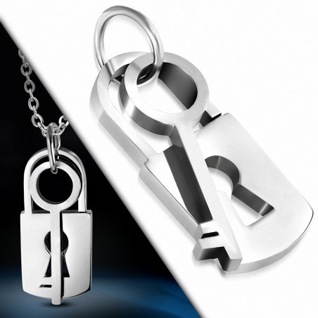 Pendentif double clef et cadenas en acier