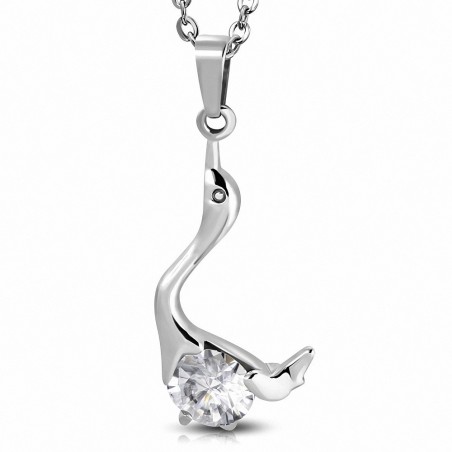 Pendentif cygne amour serti d'un gemme blanc