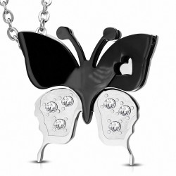 Pendentif papillon en acier noir et argenté strass