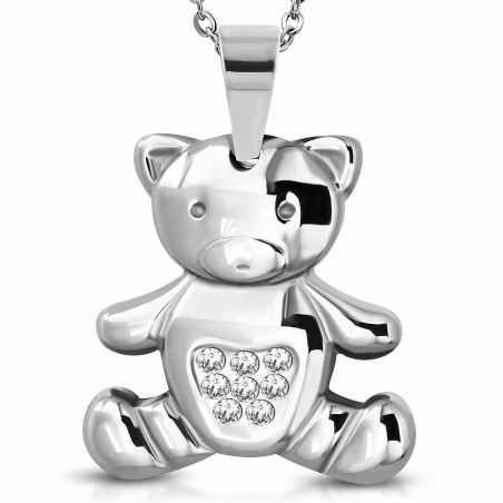 Pendentif ourson en acier inoxydable strass