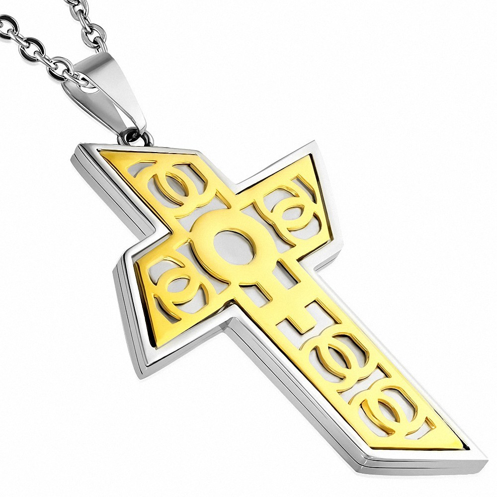 Pendentif croix géométrique symbole féminin doré