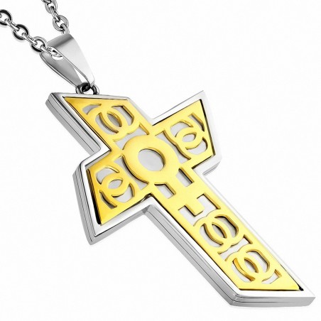 Pendentif croix géométrique symbole féminin doré