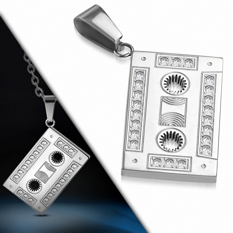 Pendentif en acier inoxydable cassette audio strass