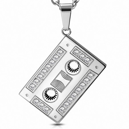 Pendentif en acier inoxydable cassette audio strass