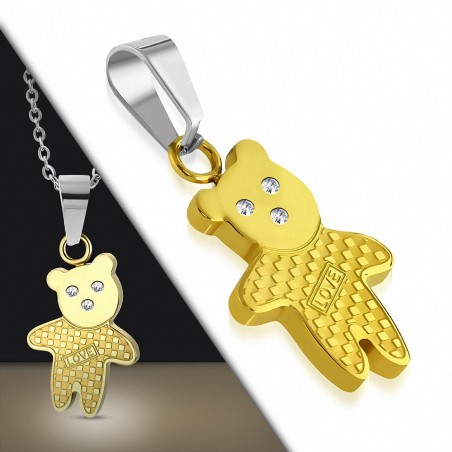 Pendentif ourson en acier doré motif damier