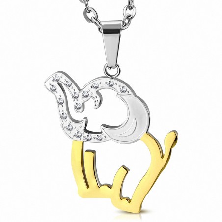 Pendentif éléphant en acier argenté et doré strass