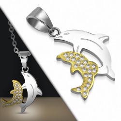 Pendentif double dauphins acier argenté et doré