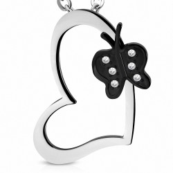 Pendentif cœur en acier avec papillon noir strass