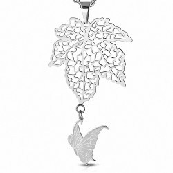 Pendentif en acier feuille de vigne motif filigrane