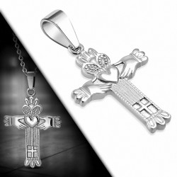 Pendentif acier croix et cœur Claddagh symbole amitié