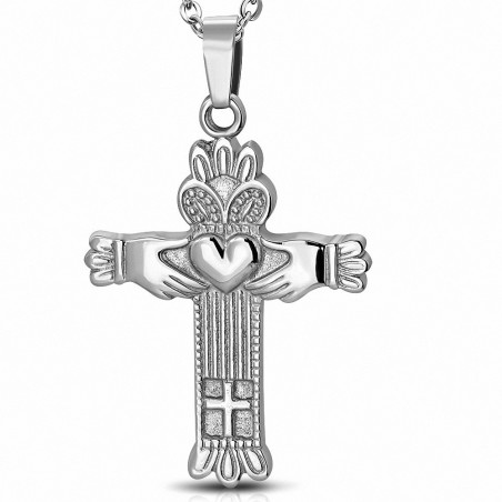 Pendentif acier croix et cœur Claddagh symbole amitié