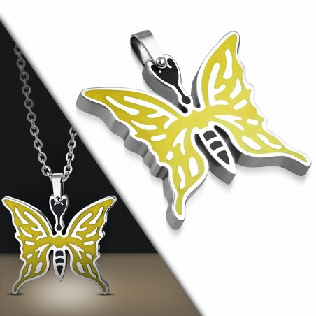 Pendentif papillon en acier émaillé jaune