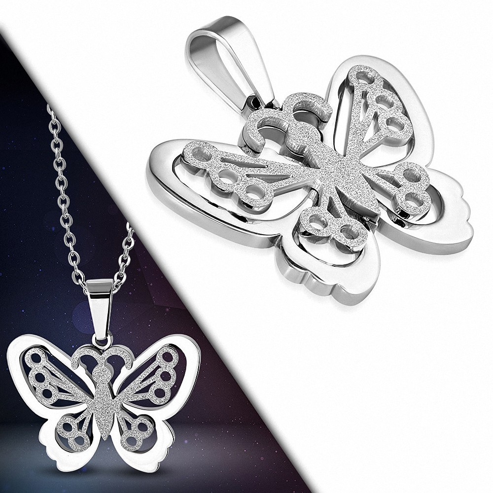 Pendentif papillon sablé en acier inoxydable argenté