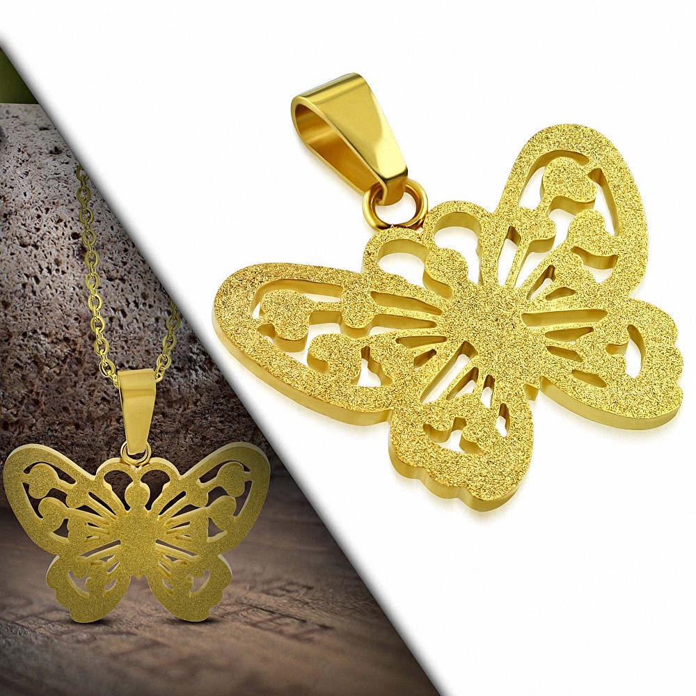 Pendentif papillon sablé en acier inoxydable doré