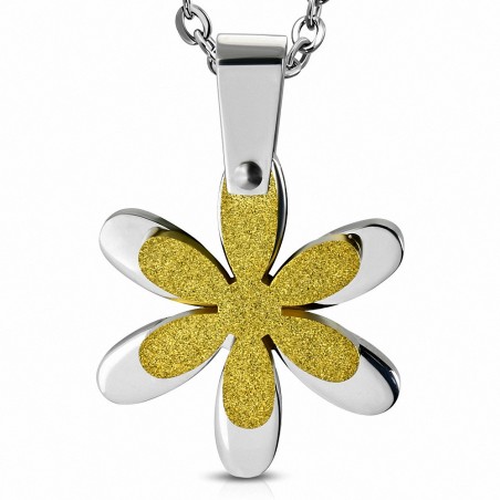 Pendentif acier fleur argentée et fleur sablée dorée