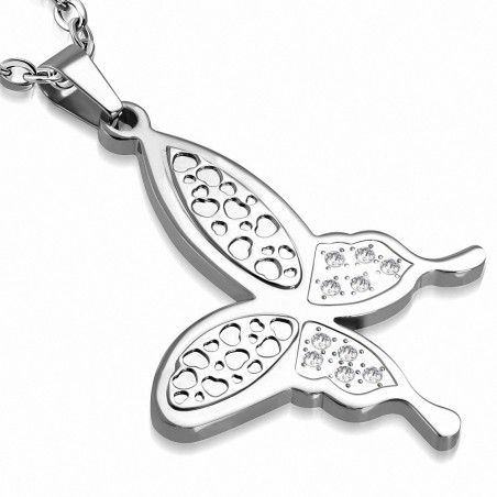 Pendentif en acier inoxydable papillon argenté strass