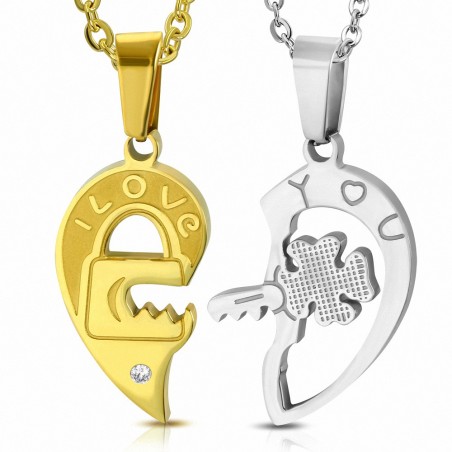 Pendentif couple 2 parties cœur love doré et argenté