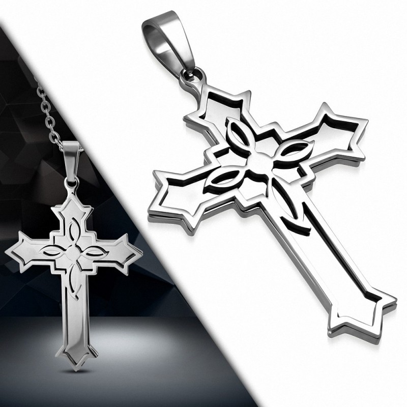 Pendentif croix florale en acier inoxydable