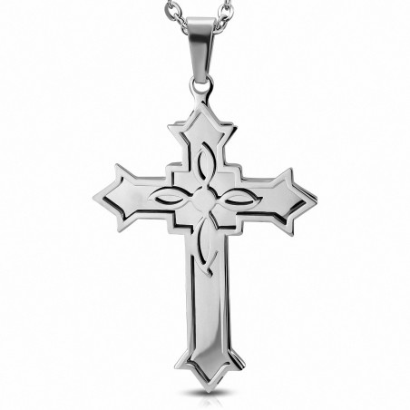 Pendentif croix florale en acier inoxydable