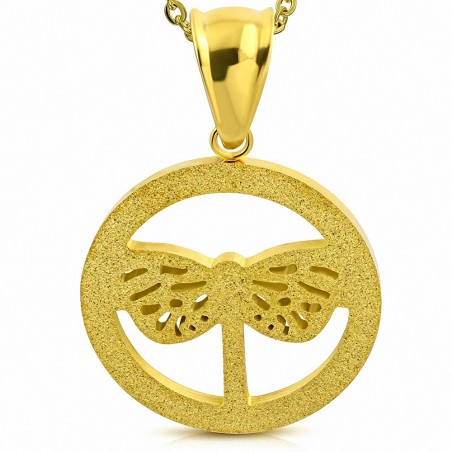 Pendentif en acier doré cercle et papillon sablé