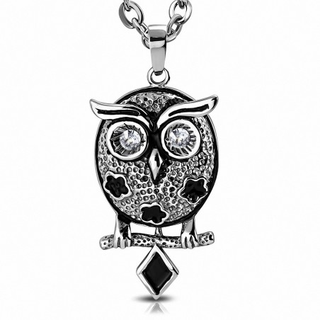 Pendentif hibou en acier inoxydable argenté et noir