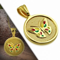 Pendentif en acier doré cercle papillon émaillé