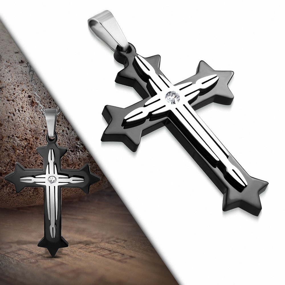 Pendentif homme croix argentée et noire étoiles