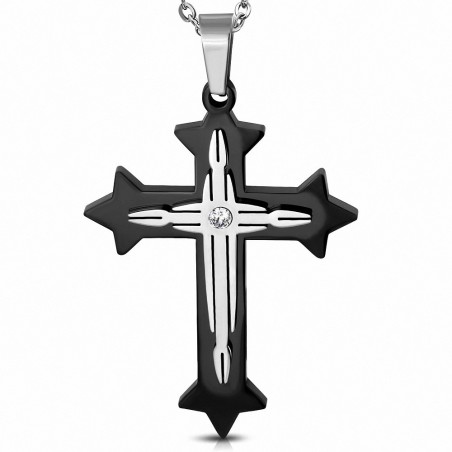 Pendentif homme croix argentée et noire étoiles