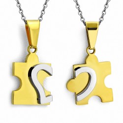 Pendentif couple en acier doré cur puzzle 2 parties