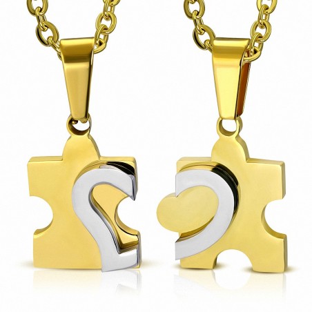 Pendentif couple en acier doré cur puzzle 2 parties