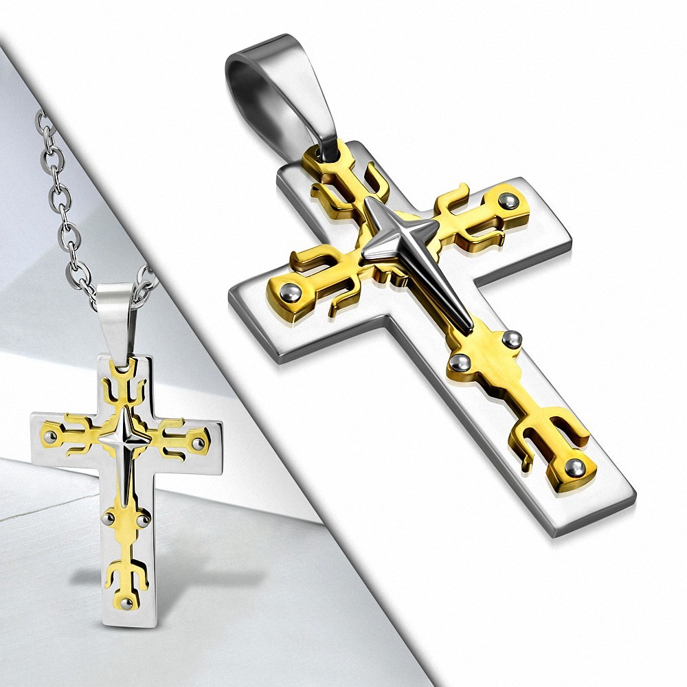 Pendentif croix en acier avec tridents dorés