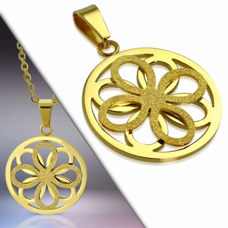 Pendentif cercle floral effet sablé en acier doré