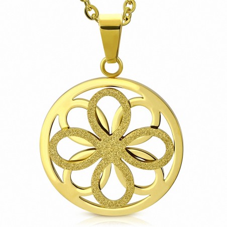 Pendentif cercle floral effet sablé en acier doré