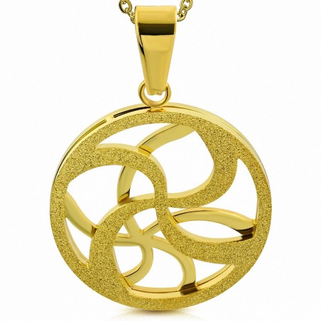 Pendentif cercle en acier doré motif floral sablé