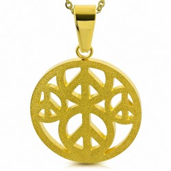 Pendentif cercle en acier doré motif peace sablé