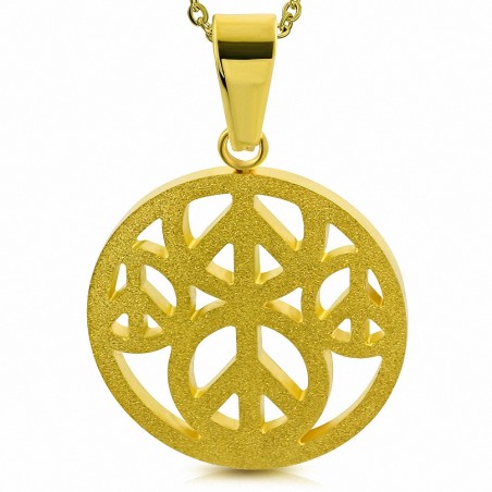 Pendentif cercle en acier doré motif peace sablé