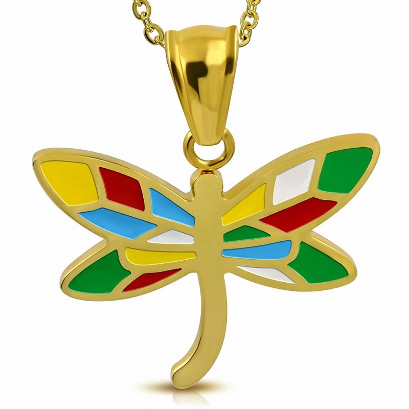 Collier Pendentif Réglable Doré - Libellule En émail Vert Et Orange Sertie De CZ - Neuf