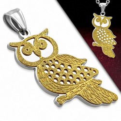 Pendentif hibou en acier bicolore doré et argenté