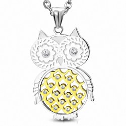 Pendentif chouette en acier argenté et doré