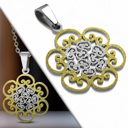 Pendentif floral motif spirales en acier doré et argenté