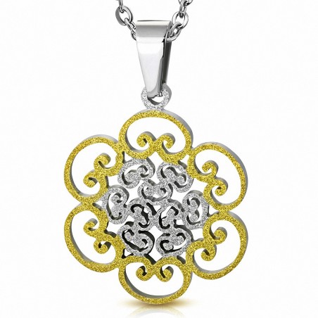 Pendentif floral motif spirales en acier doré et argenté