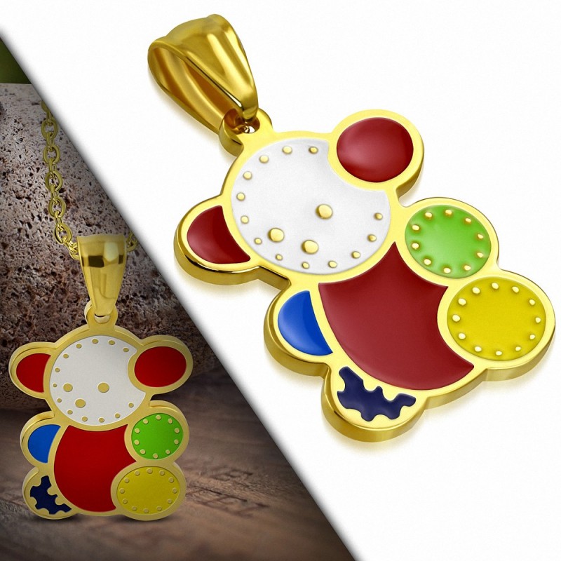 Pendentif en acier doré ours en peluche multicolore