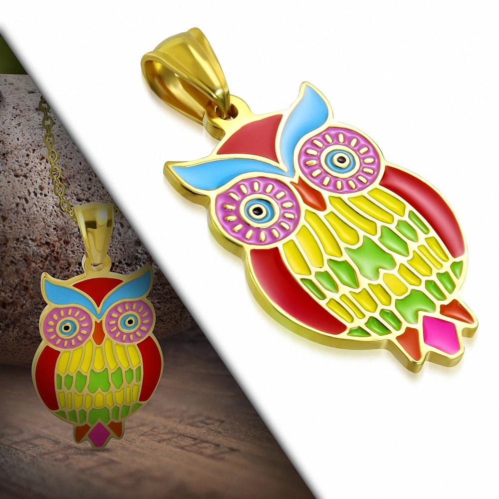 Pendentif en acier doré hibou multicolore