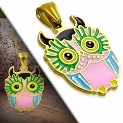 Pendentif en acier doré hibou coloré vert et rose