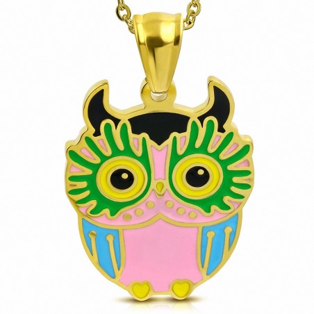 Pendentif en acier doré hibou coloré vert et rose