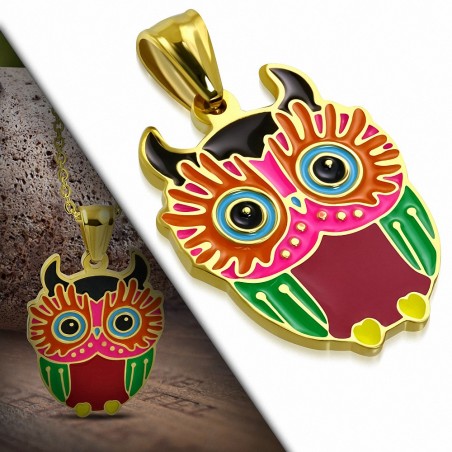 Pendentif en acier doré hibou coloré rose et bordeaux