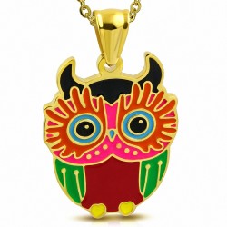 Pendentif en acier doré hibou coloré rose et bordeaux