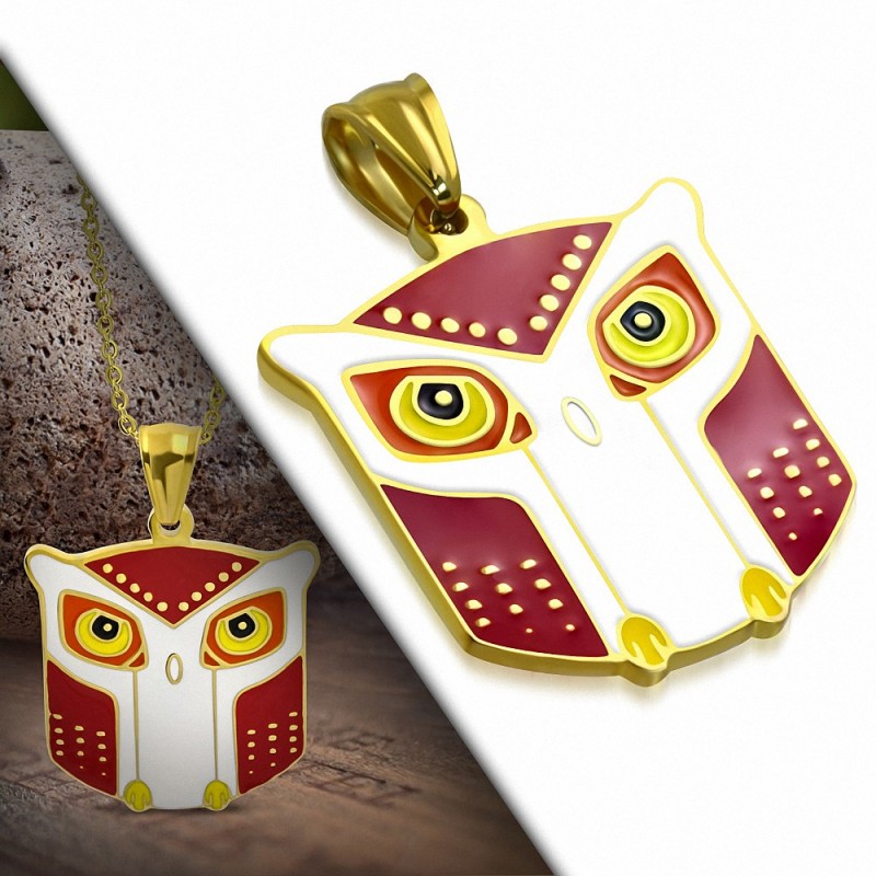 Pendentif en acier doré hibou coloré rouge et blanc