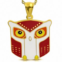 Pendentif en acier doré hibou coloré rouge et blanc