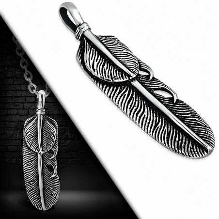 Pendentif homme biker plume aile en acier inoxydable